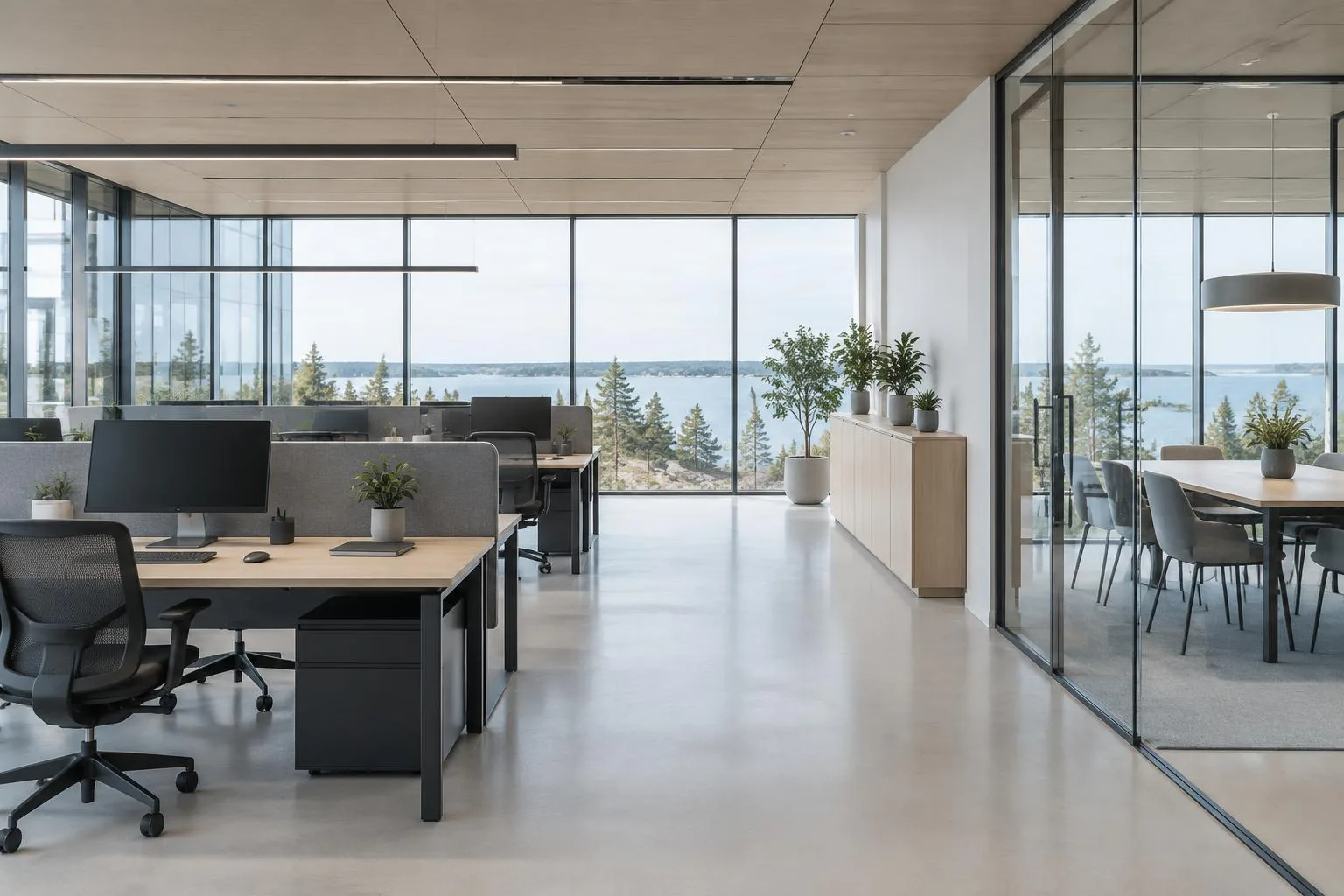 Ljust och välordnat kontor med arbetsplatser och glaspartier