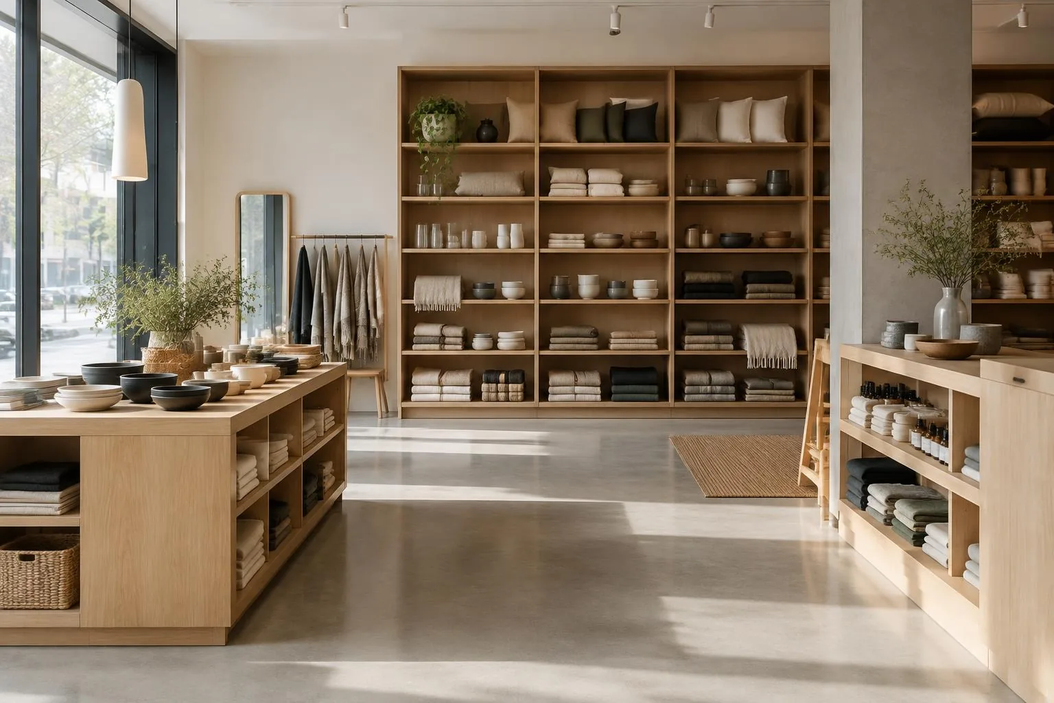 Välordnad butiksmiljö med ljusa golv och varuexponering